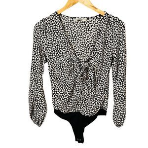 Abercrombie & Fitch Black White Floral Bodysuit size XS front bow long sleeve